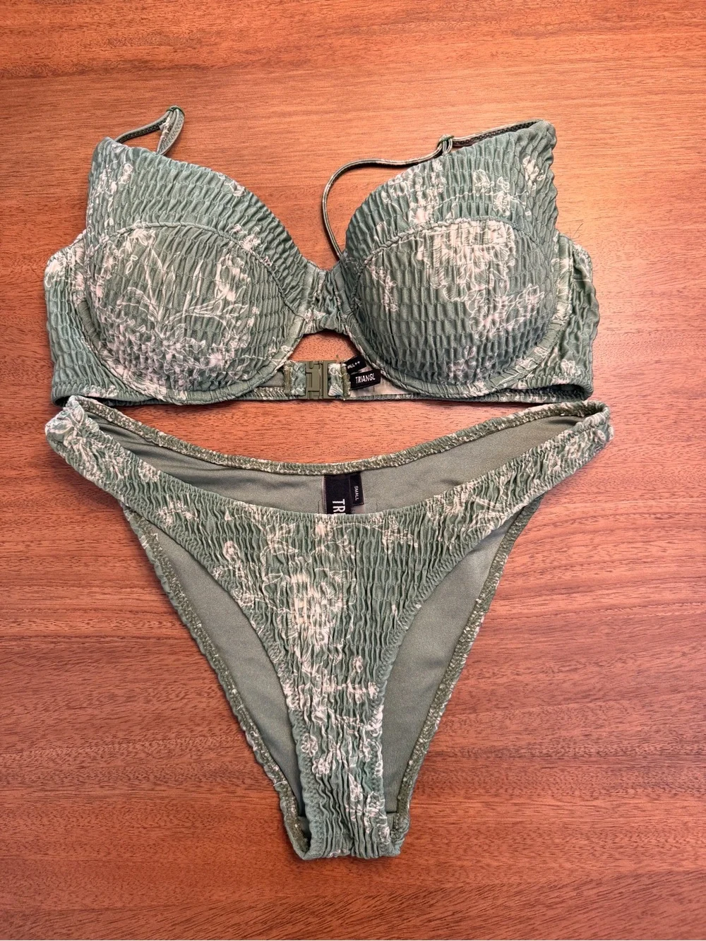 triangl swimwear Olive Green Textured Bikini Set with White Print